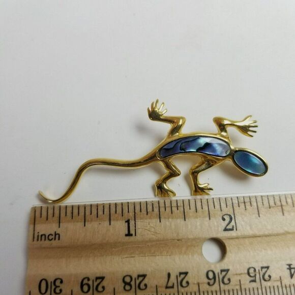 Vintage Ariki Gecko Lizard Shape Mother of Pearl Gold Tone Brooch, Abalone - Picture 5 of 7